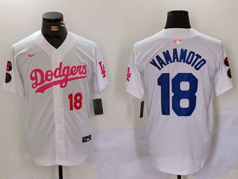 Men Los Angeles Dodgers #18 Yamamoto White pink joint name 2024 Nike MLB Jersey style 2